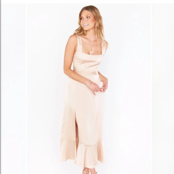 white christmas dresses Lisa Maxi Dress, in Champagne Luxe Satin | Show Me Your Mumu main image 1